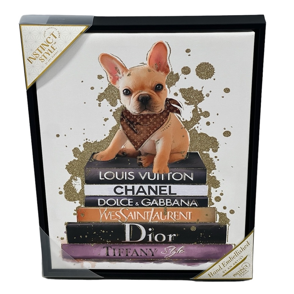 NEW Frenchie on a Stack of Luxury Designer Books Framed Canvas Art 11x14
